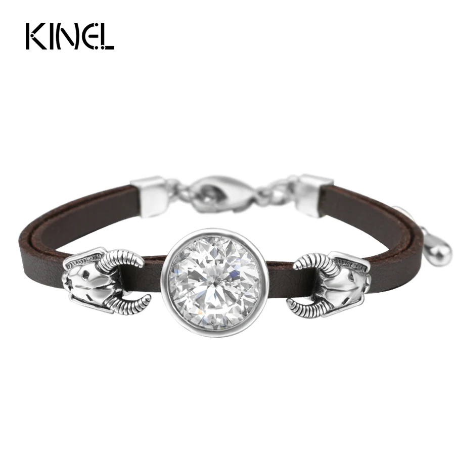 

Kinel Big Crystal Men's Bracelet Punk Jewelry Brown Genuine Leather Bracelet Bangle Goat Party Vintage Jewelry Wholesale