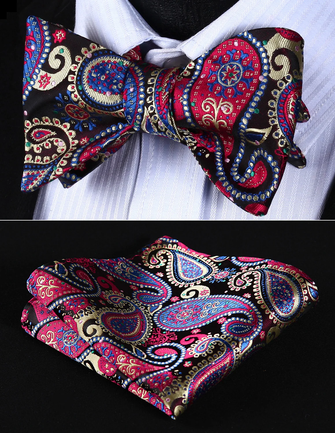  BP706MS Red Blue Paisl Bowtie Men Silk Self Bow Tie handkerchief set Wedding