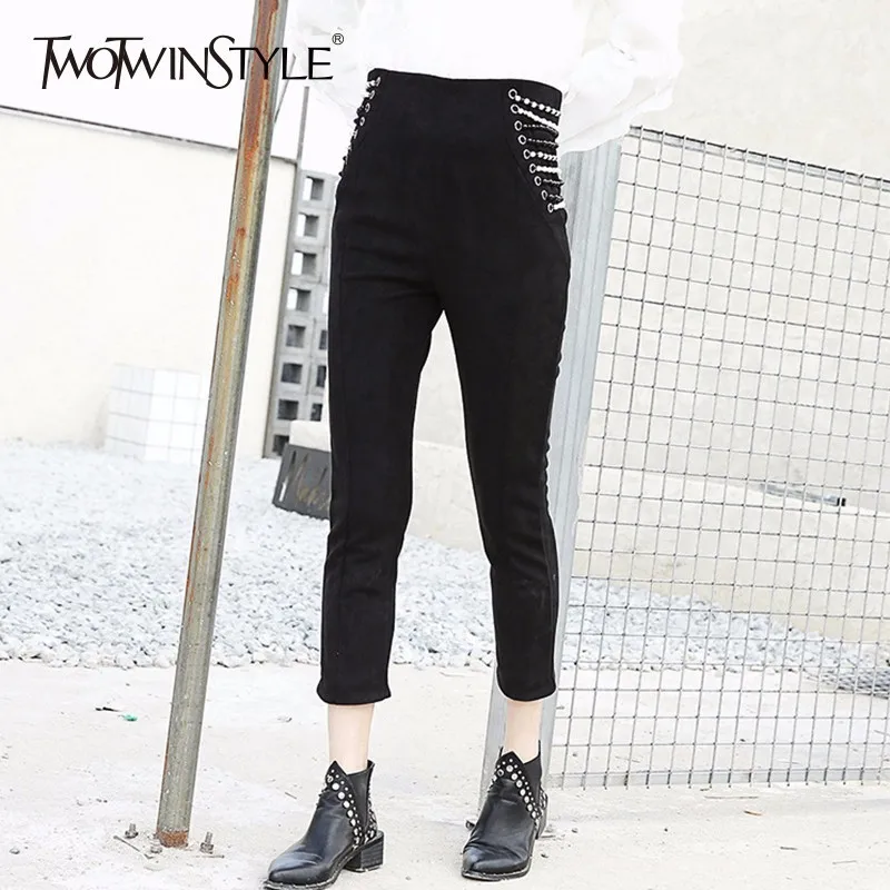 

TWOTWINSTYLE Beading Trouser For Women Spring High Waist Zipper Slim Ankle Length Pant Female Pencil Pants Big Size Tide Clothes