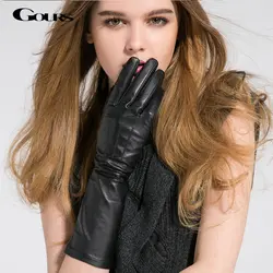Gours Зиму Натуральная Кожа Перчатки для Женщин Осень 2017 Новый Модный Бренд Черный Теплые Перчатки Козьей Варежки GSL024