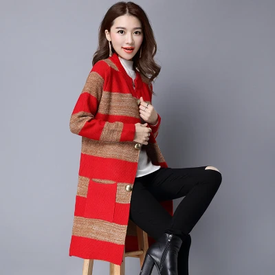 Осенне-зимний Кардиган; пальто-свитер для девочек; длинный плотный свитер с длинными рукавами; Корейская блузка с карманами для прогулок - Цвет: Красный