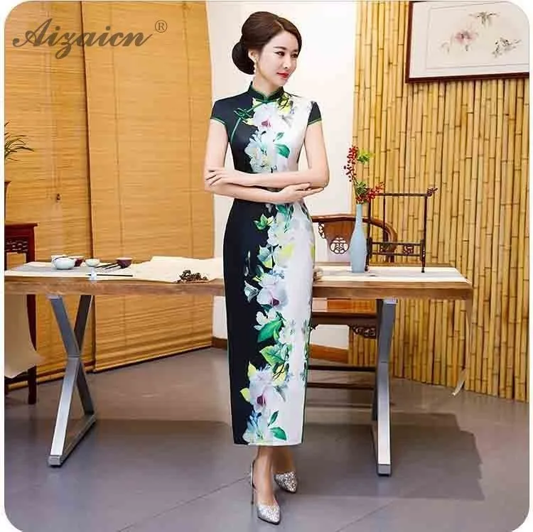 Новинка 2019 года двухцветная печать Cheongsam Плюс размеры шелк Ци Пао для женщин китайское платье традиционный восточный стиль вечерние