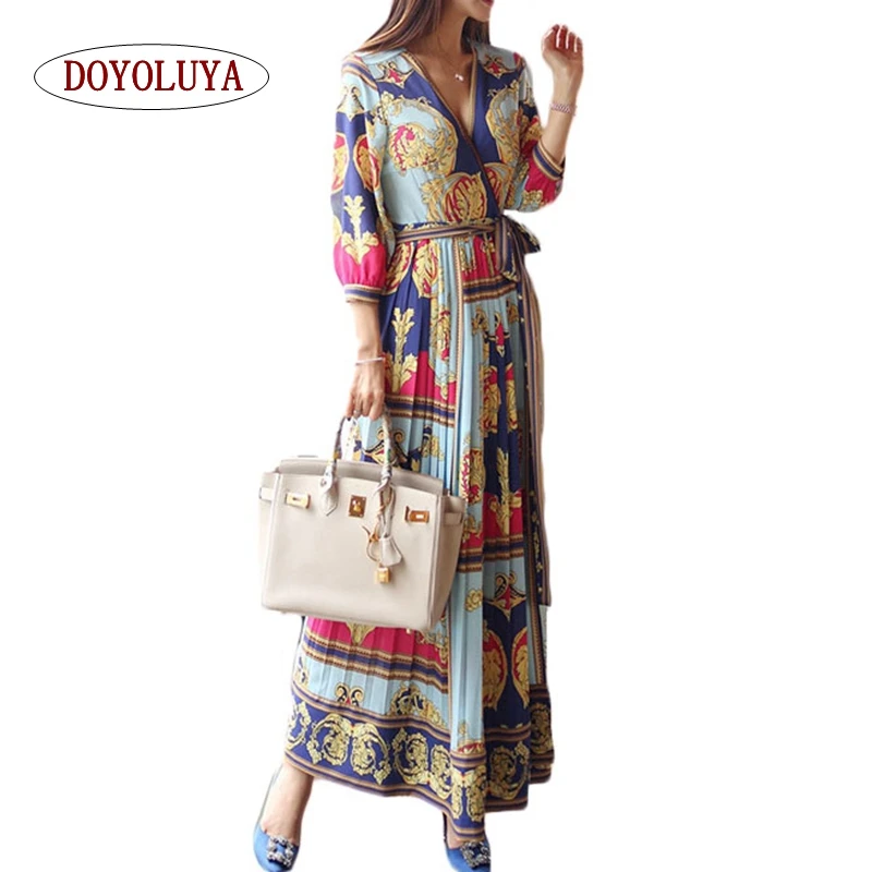 

[DOYOLUYA] Summer Boho Maxi Drop Dresses Women Beach Bohemian Waist Tie Vestidos Work Casual Slim Pleated Party Long Dress