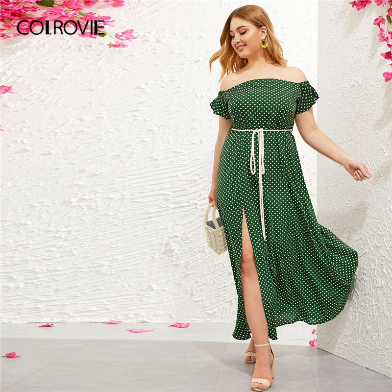

COLROVIE Plus Off Shoulder Polka Dot Split Side Dress Women Green Belted High Waist Long Dresses 2019 Summer Ladies Boho Dresses