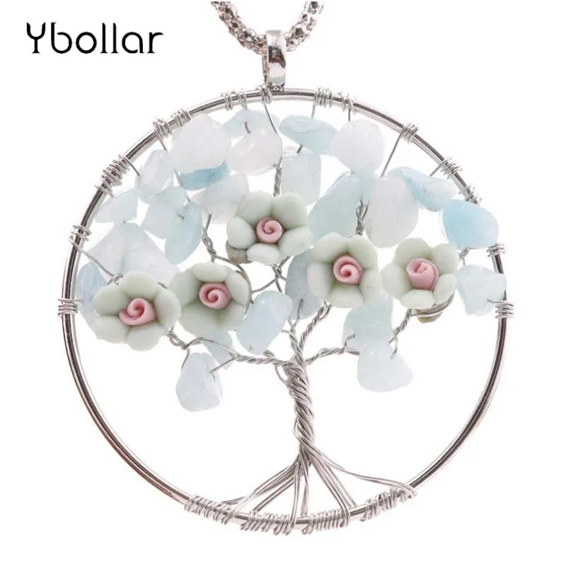 

Handmade Women Jewelry Natural Stone Beads Clay Flower Pendant Necklace Wire Wrapped Leather Necklace Sweater Chain