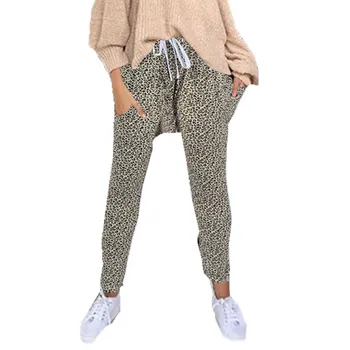 

Fashion Women Pants High Waist Drawstring Elastic Waist Long Pants 3 Types Leopard Print Trousers