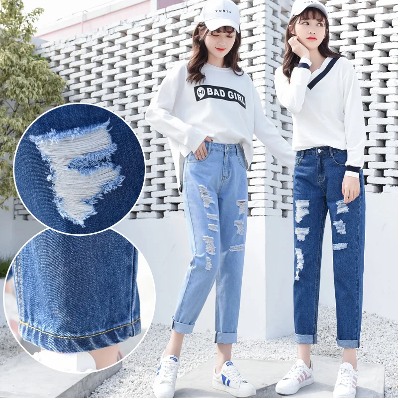 2019 Fashion Ripped Jeans Woman High Waist Boyfriend Jeans For Women Plus Size Blue Black White Denim Mom Jeans Pants Trousers