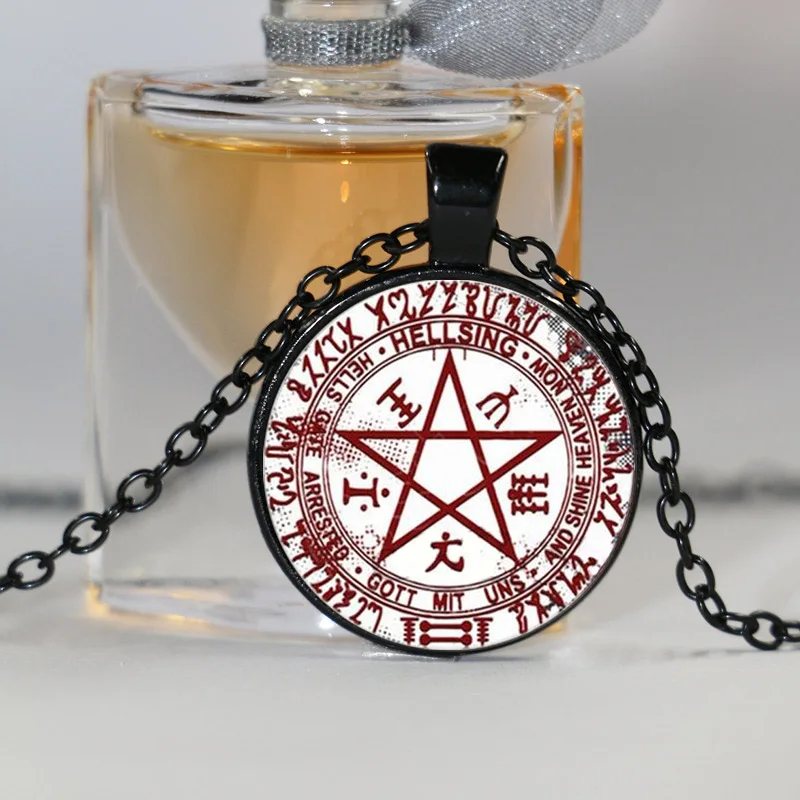 Дизайн Хеллсинг Алукард пентаграмма ожерелье стекло кабошон Хеллсинг пентаграмма заявление ожерелья с кулоном, оптом - Окраска металла: 9