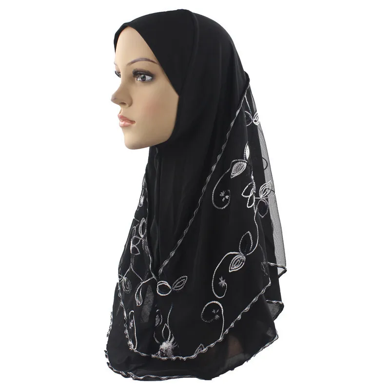 

Muslim Hijab Embroidered Scarves Wrapped With Beautiful Net Yarn Flower Pattern Soft Scarf Women/Girls