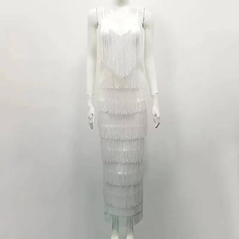 High Quality White Slip Tassel V-neck Long Bodycon Rayon Bandage Dress Evening Party Dress (5)