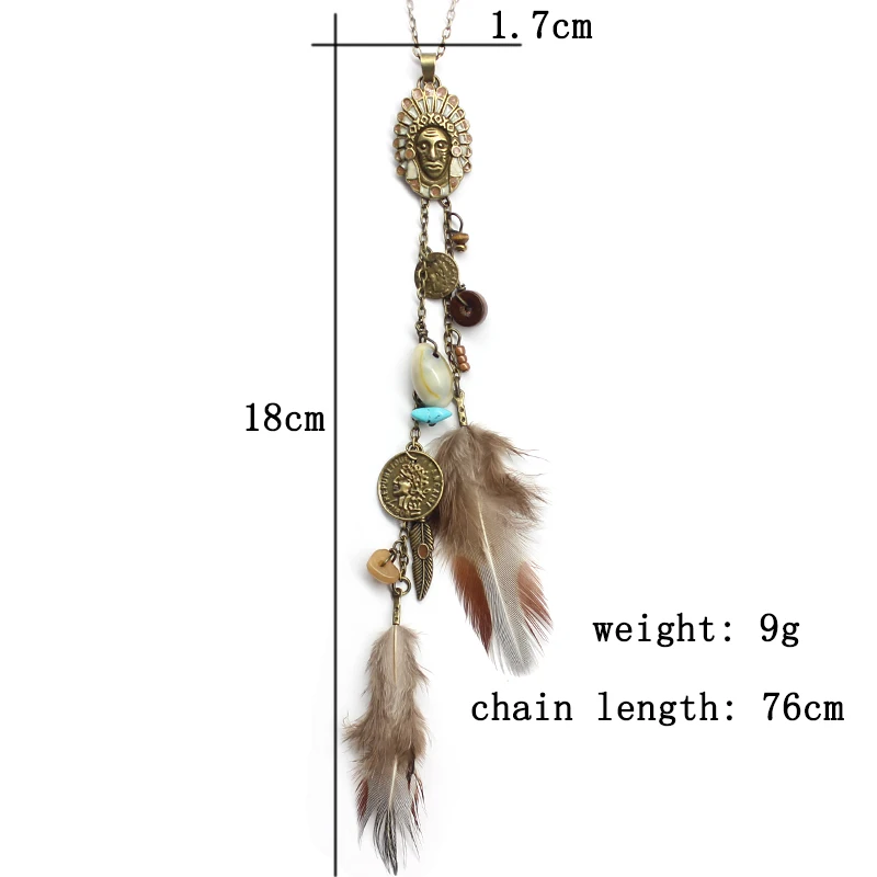 Этническое племя тотемное ожерелье коричневое длинное перо камень Бусины богемные модные ювелирные изделия Висячие ожерелья для женщин