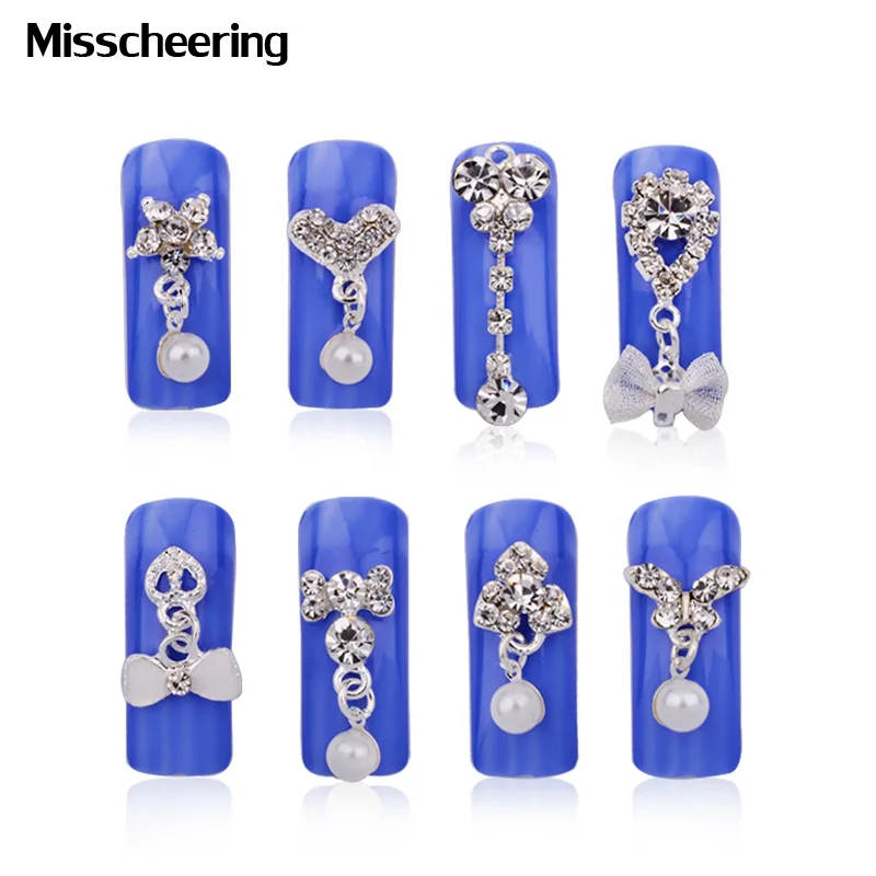 

10pcs/pack Fashion Bow Heart Alloy 3d Clear Rhinestone Nail Art Jewelry Slice DIY Pearl Pendant Nail Decoration