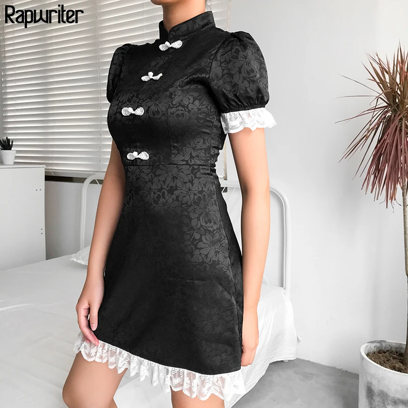 

Rapwriter Chinese Style Jacquard Patchwork Lace Dress Women 2019 Stand Collar Short Sleeve Midi Dress For Women Female Vestido