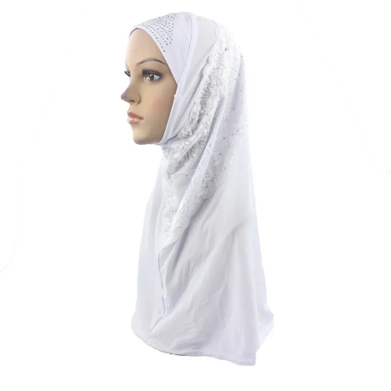 Мусульманский хиджаб шарф Amira ручная работа жемчуг маленький алмаз на спине ислам мягкий стрейч для женщин/девушек - Цвет: White