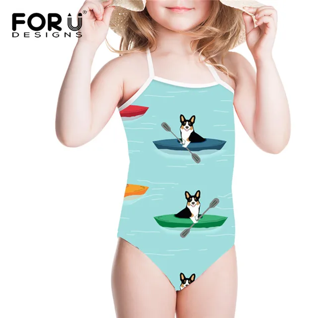 FORUDESIGNS Swimsuit One Piece Suits Kawaii Cartoon Corgi Printed 