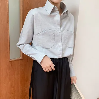 

2019 Spring Summer Turn-Down Collar Casual Women Shirt Korean Pocket Long Sleeve Shirt