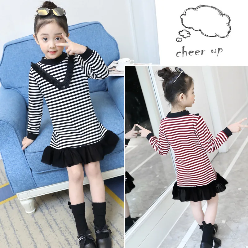

Girls Spring Long Sleeve Mini Length Striped Dresses Cute Tassels V Pattern Ruffle Hem Loose Fit Cotton Blusas T-Shirts Dresses