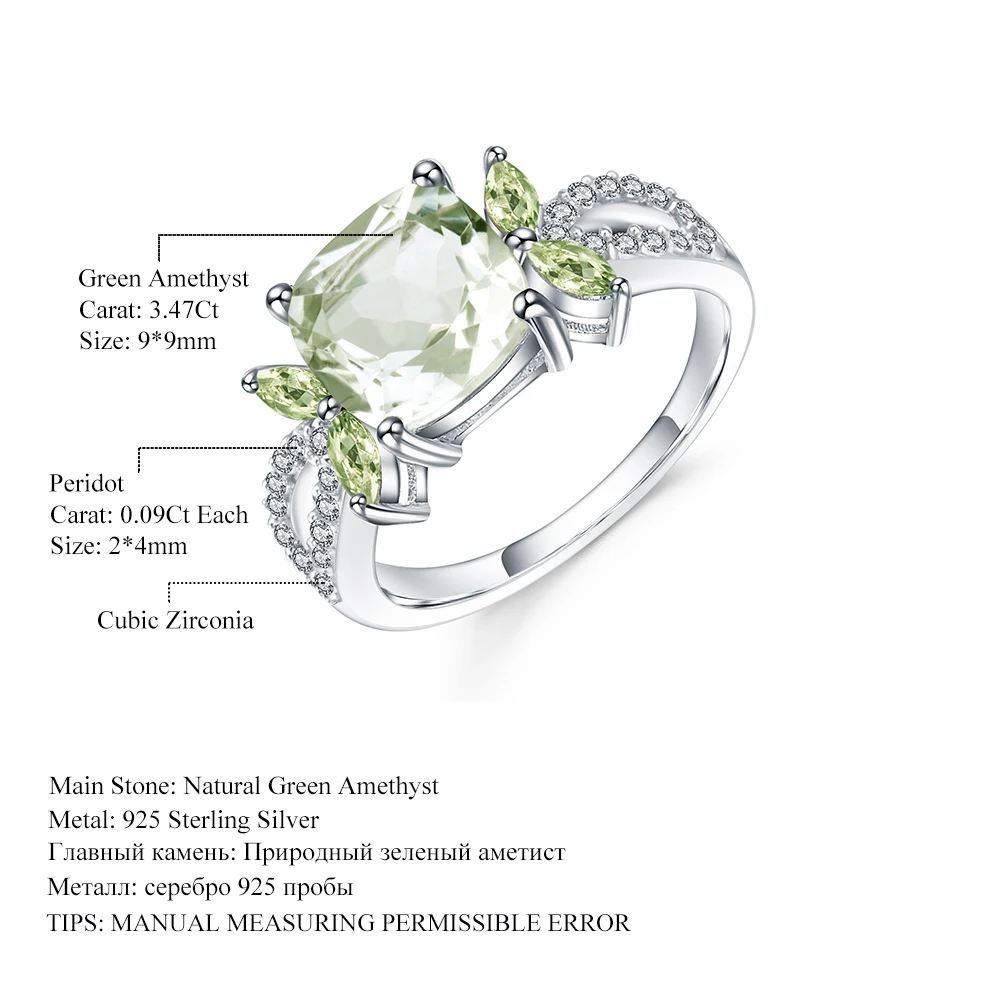 GEM'S BALLET 3.47Ct натуральный зеленый аметист драгоценный камень кольцо 925 пробы серебряные Свадебные обручальные кольца для женщин хорошее ювелирное изделие