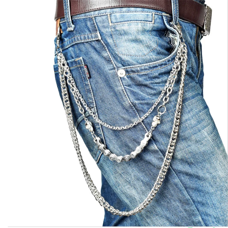 

3 Layer Waist Punk Wallet Chain Silver Men's Keychains Skull Biker Link Hook Trousers Pant Belt Chain Fashion Jewelry For Boys