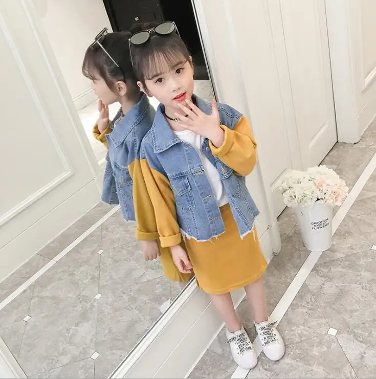 

2019 Korean style girls 2 pcs set denim coat+skirt fashion spring girls suit 4-9t A985