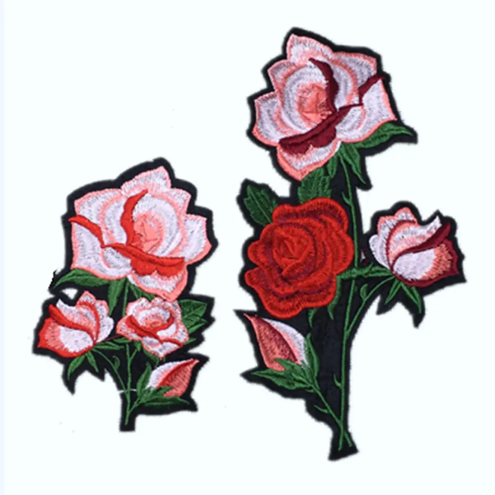1PCS RED Rose Flower Leaves Embroidery Iron On Applique Patches Sewing