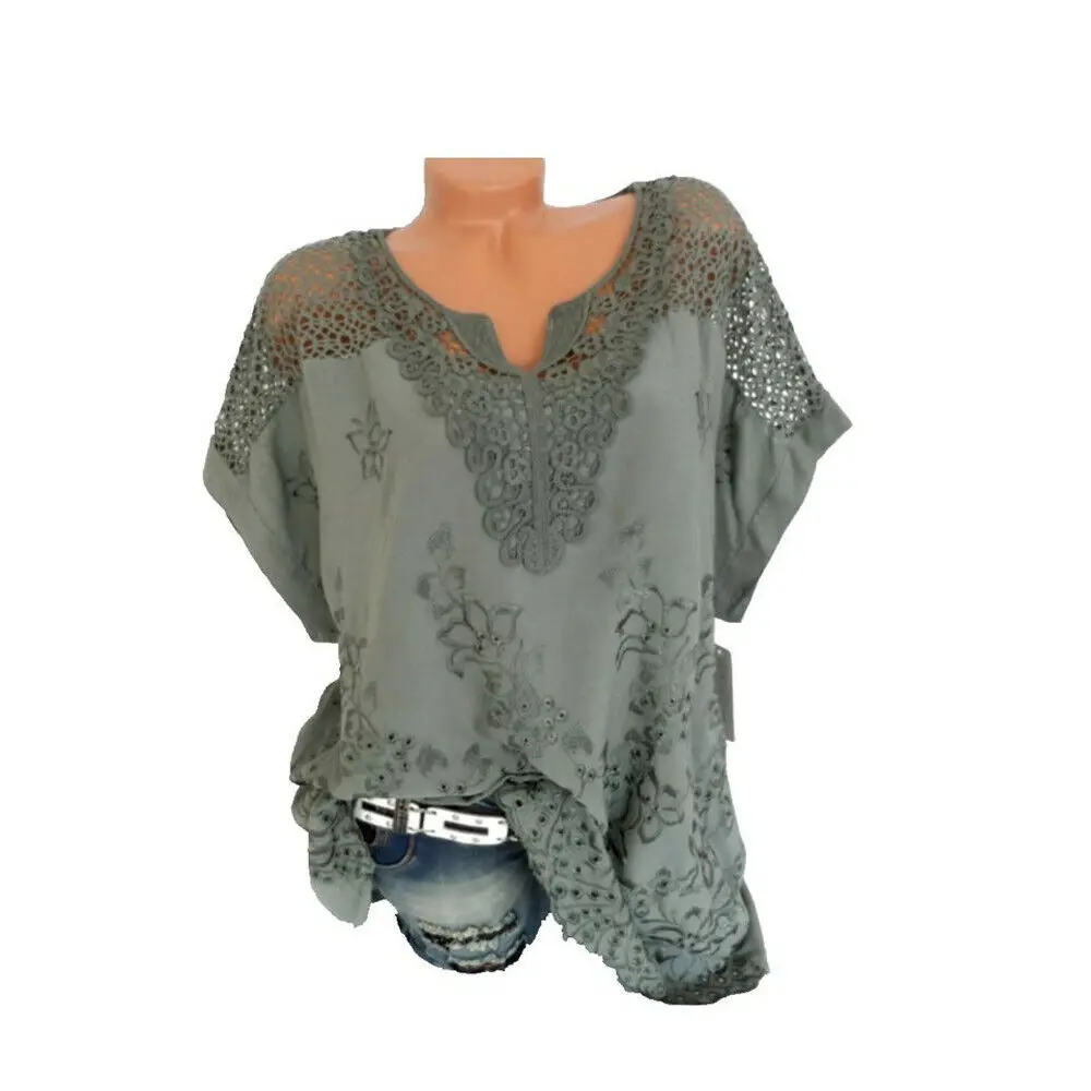 النساء الخامس الرقبة قصيرة الأكمام الجوف خارج فضفاض الصلبة بلوزة الصيف عطلة عارضة قمم قميص زائد حجم النساء الخامس الرقبة قصيرة الأكمام الجوف خارج فضفاض الصلبة بلوزة الصيف عطلة عارضة قمم قميص زائد حجم