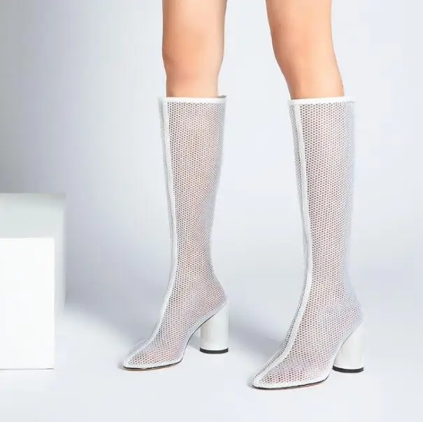 

Drop Shipping Summer Brand Woman Air Mesh Black White Round Toe Lace Transparent Zip Back Square Toe Knee High Long Boots