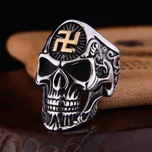 Punk Rock hombres Acero inoxidable anillo gótico calavera budista palabra esvástica esqueleto anillo Vintage joyería