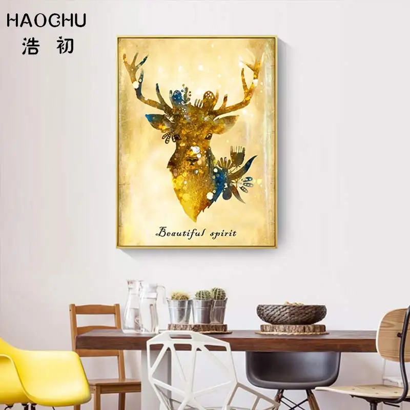 HAOCHU Европейская золотая голова оленя животное декоративная картина на холсте
