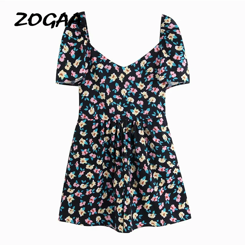 

ZOGAA Women Boho Floral Print Summer Rompers Elegant Short Sleeve Jumpsuit Wrapped Lace-up Beach Playsuit Female Party Playsuit