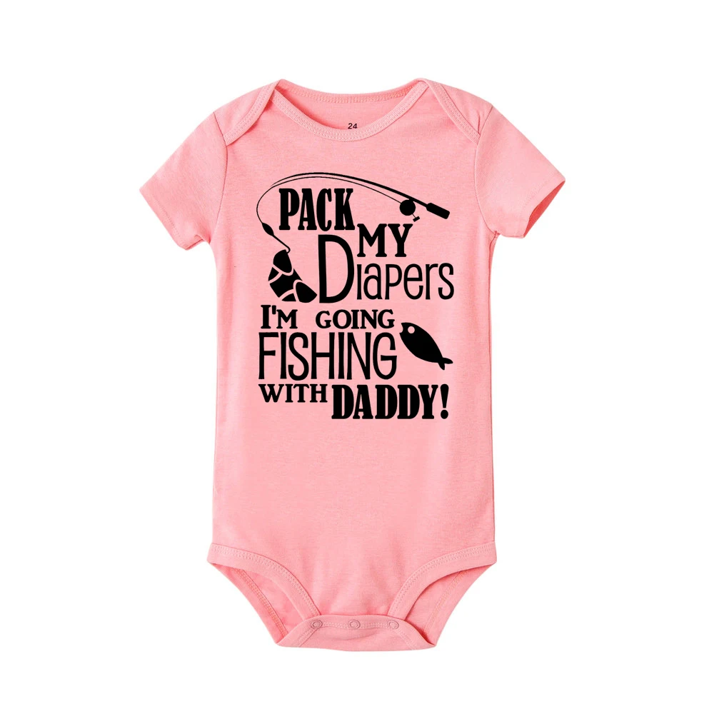 R144-SRPPK- Летний комбинезон с надписью «I am going Fishing with daddy» для новорожденных мальчиков и девочек, комбинезон с короткими рукавами, одежда для детей от 0 до 24 месяцев - Цвет: R144-SRPPK-