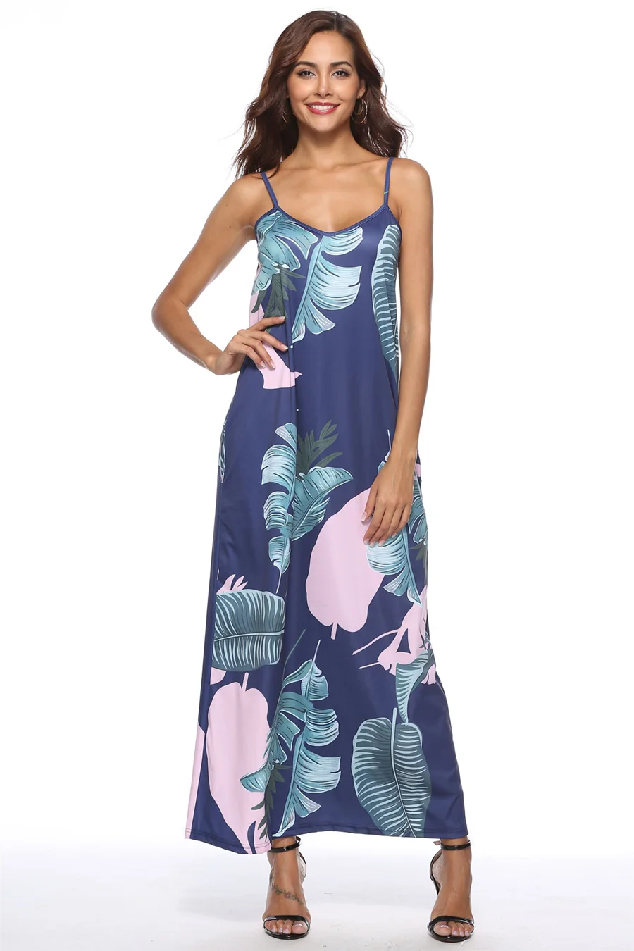 Gladiolus Elegant Long Dresses Bohemian Sundress 2018 Women V-Neck Spaghetti Strap Print Floral Maxi Causal Loose Summer Dress (14)