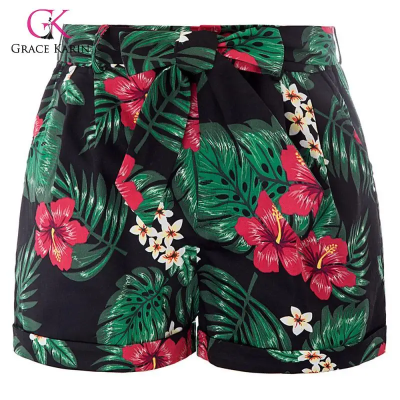 Grace Karin Модные женские винтажные шорты цветочные и листья узор эластичный пояс украшенный хлопок удобные женские шорты
