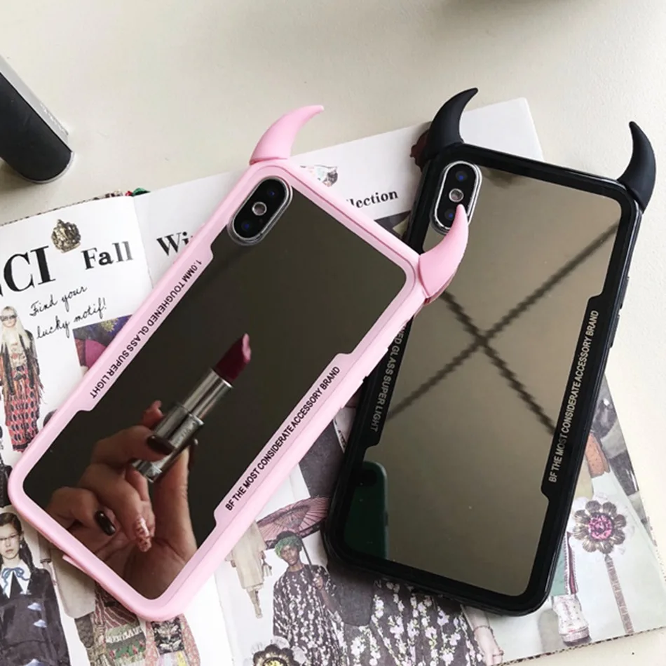 الفاخرة مرآة الهاتف حقيبة لهاتف أي فون 7 6 6 s 5 8 زائد لطيف 3D الشيطان القرن غطاء ل فون X XS ماكس XR الصلب أكريليك عودة حالة كوكه