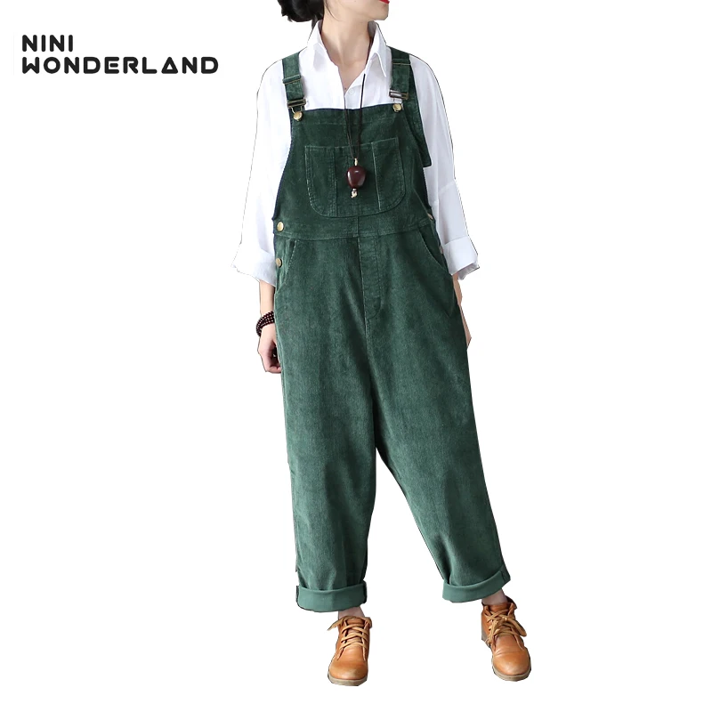 

NINI WONDERLAND 2019 Spring Autumn Cotton Solid Color Corduroy Vintage Hanging Pants For Female Women Loose Overalls Trousers