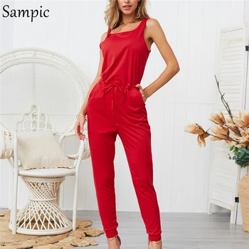 

Sampic woman summer casual strap high waist long jumpsuit pockets sleeveless cotton solid red elegant jumpsuit 2019