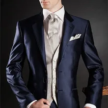 Классический дизайн с двумя пуговицами темно-синий свадебный смокинг Для мужчин свадебные костюмы для выпускного индивидуальный заказ(куртка+ брюки+ жилет+ галстук-бабочка) K: 2