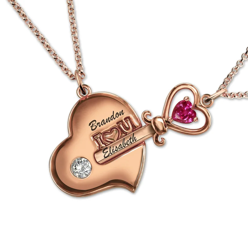 Выгравированный ключ к сердцу колье с камнем Рождения Розовое золото цвета пара ювелирных изделий
