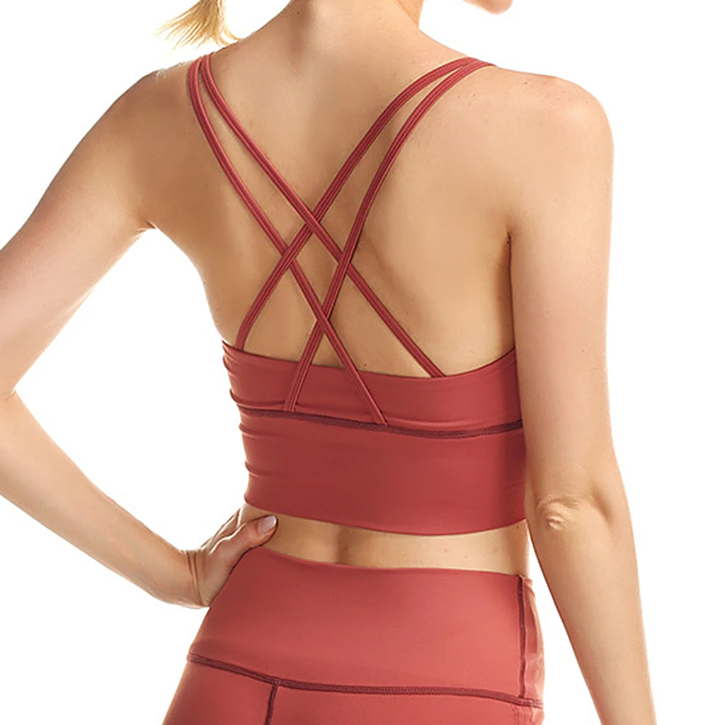Womens Push-up Padded Strappy Sports Bra Top Cross Back Wirefree Fitness Vest Unremovable Padded Wireless Tops Lady Underwear