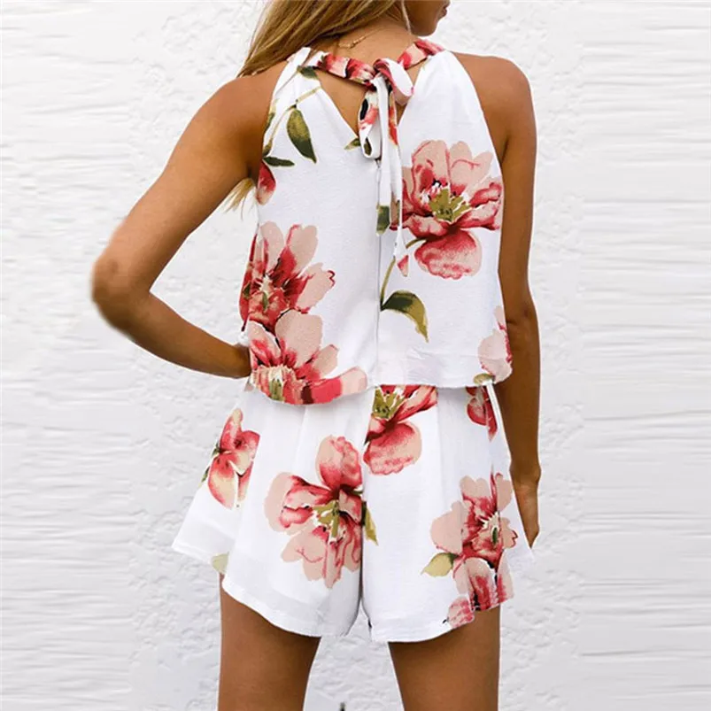 2PCS Set Womens Floral Summer Beach Vest Shirt Tops Blouse Shorts Pants high waist elastic mini shorts tracksuit for women R18 (2)