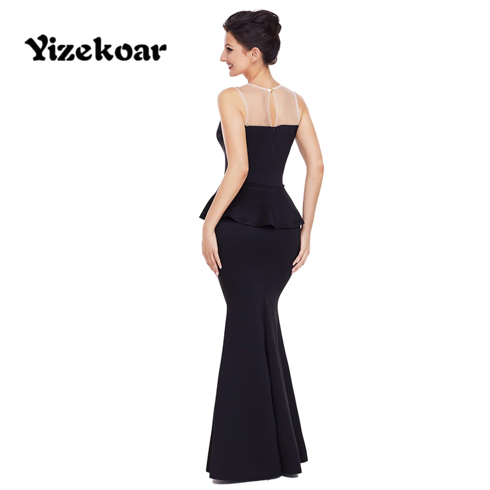 Yizekoar 2018 новые элегантные длинные макси платье черный тонкий Floral Applique Mesh Вставить
