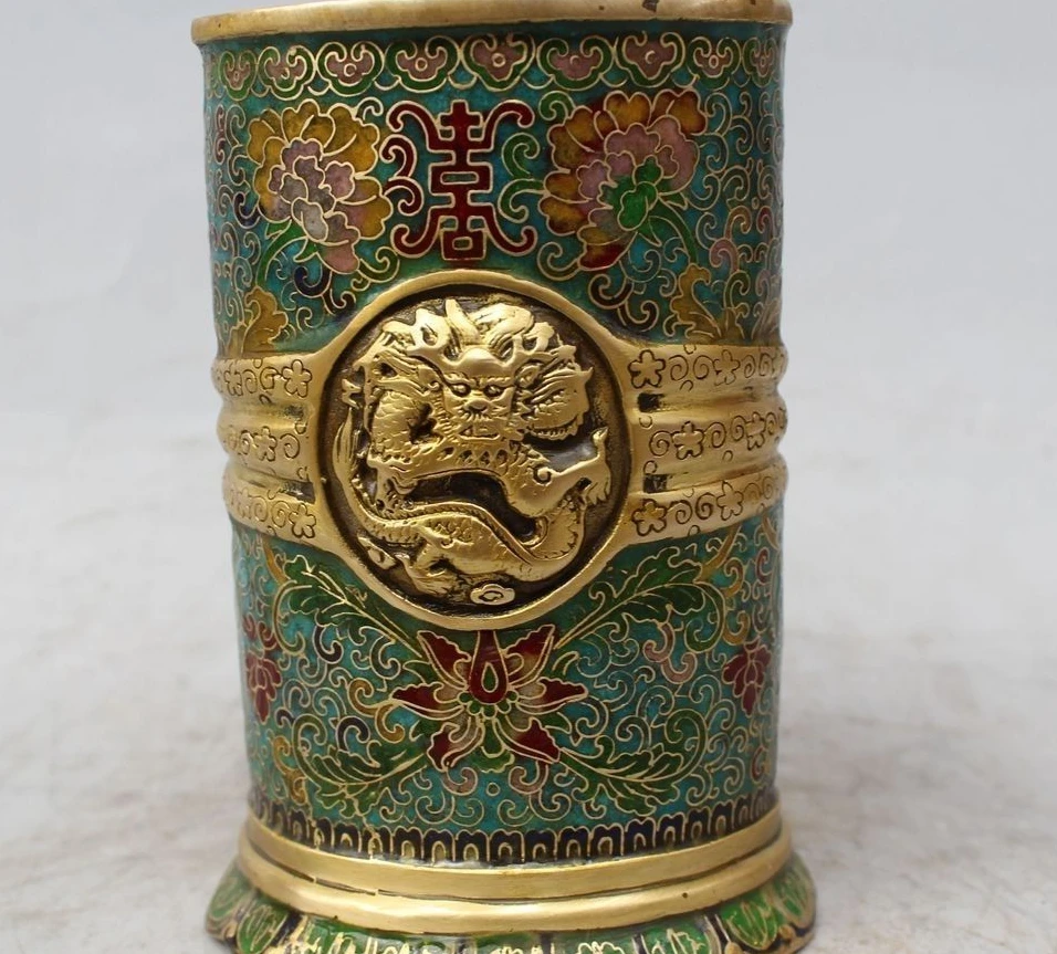 

6" Marked Chinese Cloisonne Bronze Gild Palace Flower Brush Pot Pencil Vase