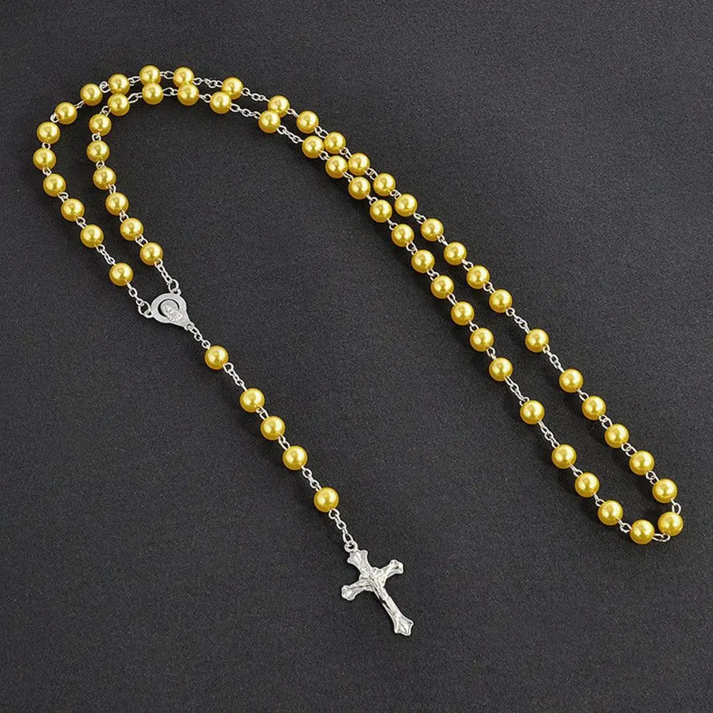 Rosary Handmade Round Glass Imitation Pearl Bead Alloy Cross Pendant Christian Catholic Religious Pendants Necklace