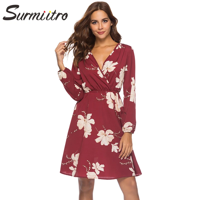 

Surmiitro Sexy Deep V Boho Red Summer Dress Women 2019 Chiffon Long Sleeve Floral Print Tunic Beach Party Midi Sundress Female