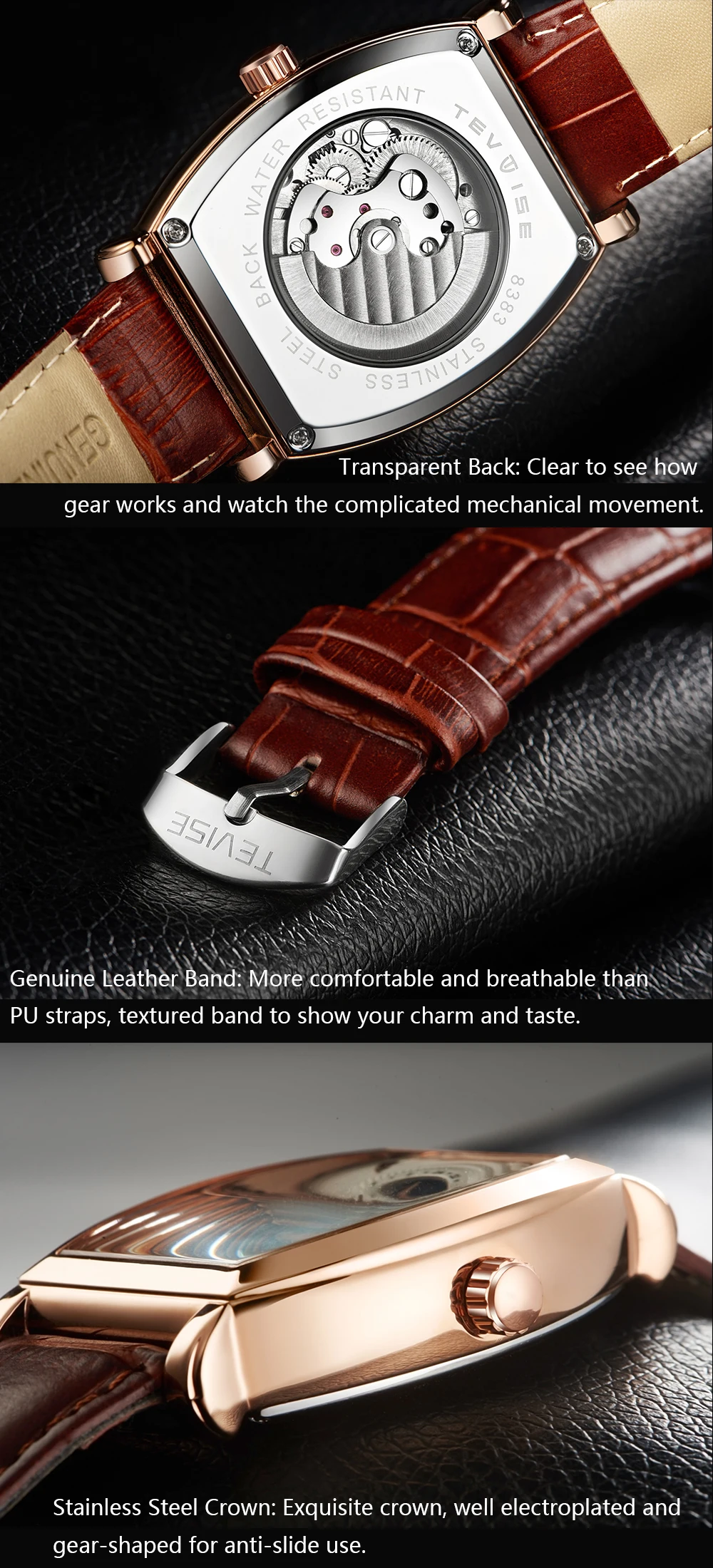 TEVISE Mens Watches Tonneau Moon Phase Automatic Watch Waterproof Self-Wind Mechanical Wristwatches Leather Strap + Box 8383D (9)