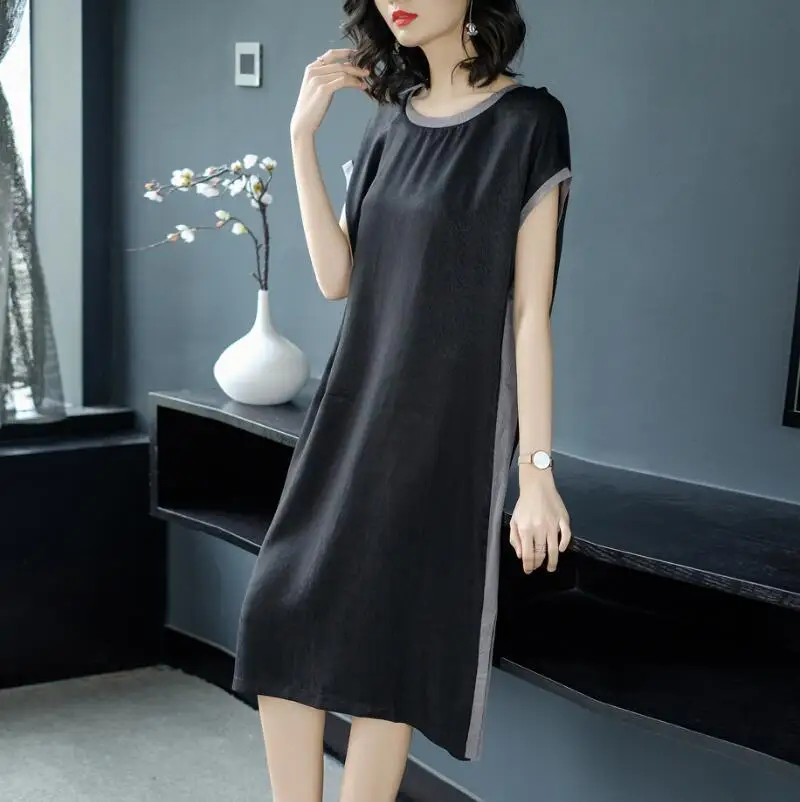 2018 Summer New Style Simple Fashion  Stripes Soft 100% Real Silk Straight Dress Female Casual Loose Short Sleeve Dress