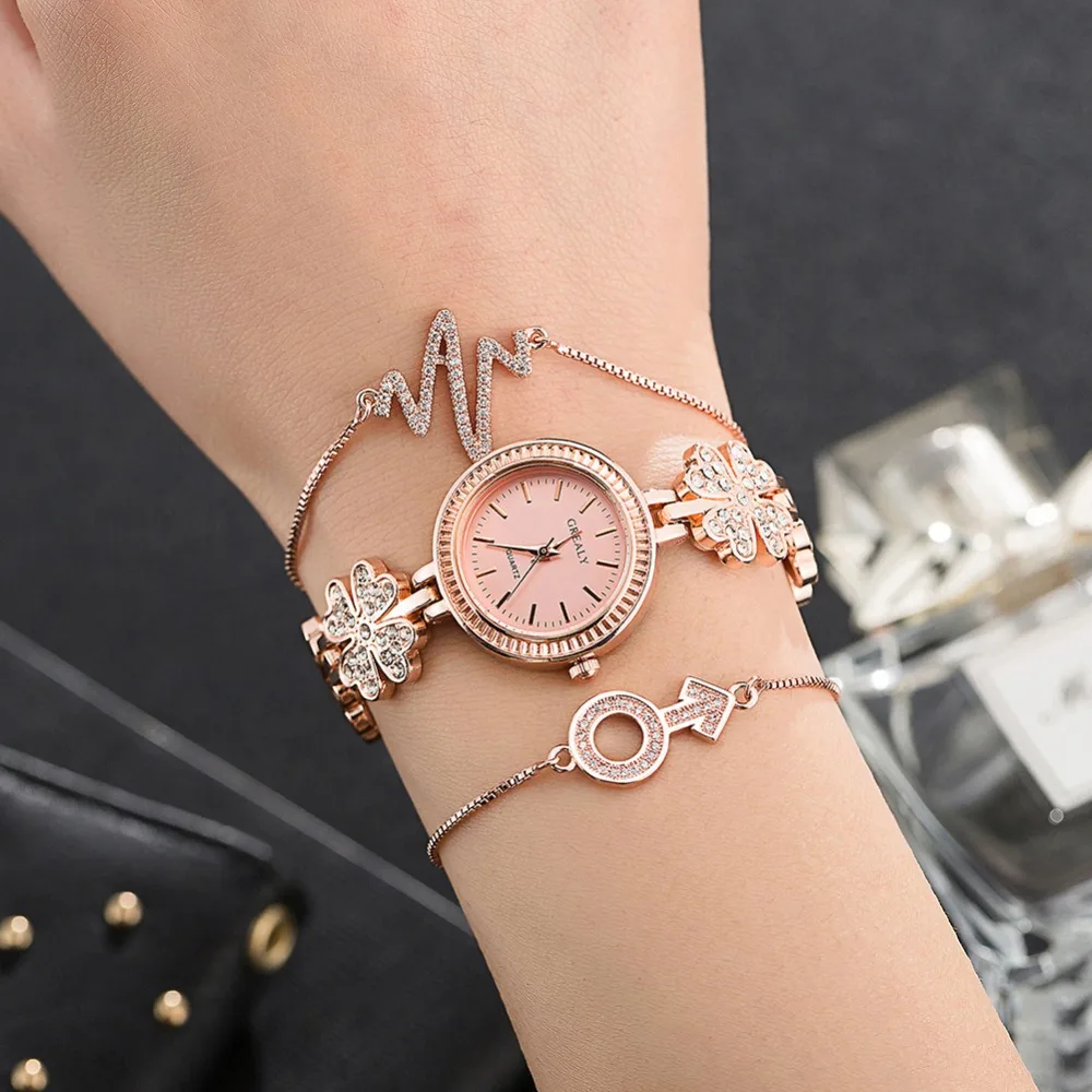 Модные женские наручные часы цветок часы браслет ювелирные изделия кулон сплав розовое золото/серебро Цвет Браслет Набор для друзей
