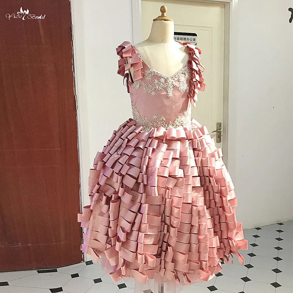 FG87 Same Mom Dress Ribbons Ruffles Ball Gown For Kids Pageant pink flower girl dress short (1)
