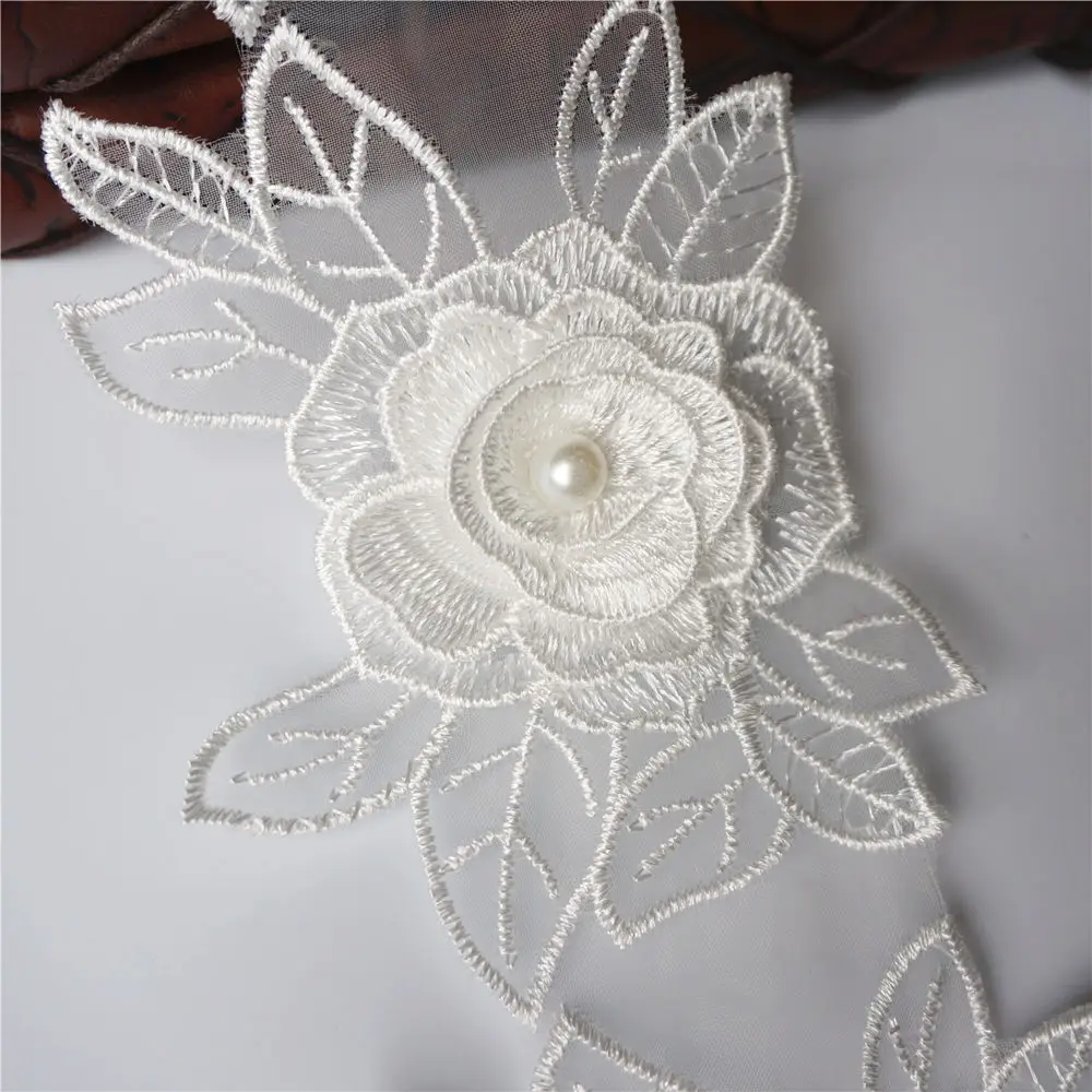 2 ярдов кружева планки 3D ткань бусины в форме цветов листья сетки нитка для вышивания патч для Свадебная аппликация платье DIY