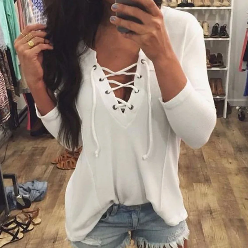 

Women Fashion Ladies Lace-up Casual Long Sleeve V Neck Loose Shirt T-Shirt for women 2019